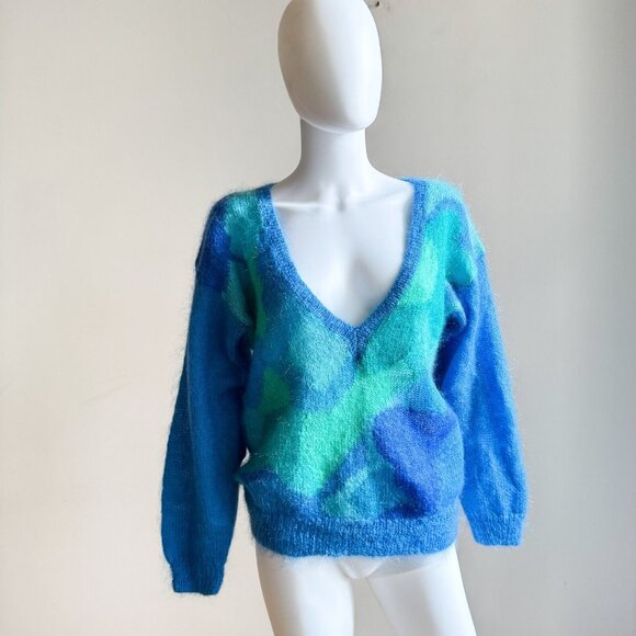 Jeanne Pierre Vintage wool Angora Wool Blue Geometric Prit Loe V Neck Sweater M - Picture 2 of 6